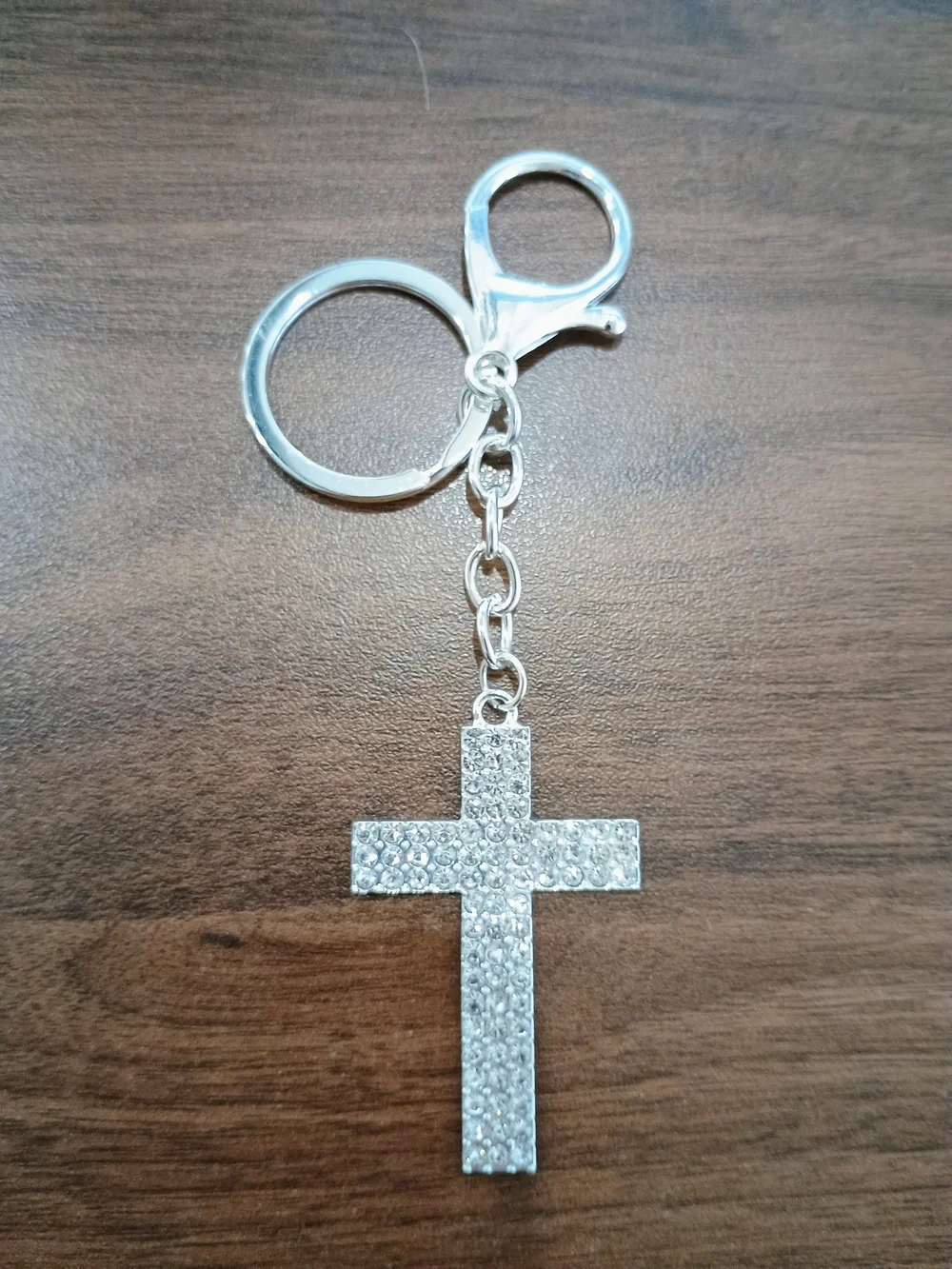 Crystal Pave Cross Keychain - Silver Tone